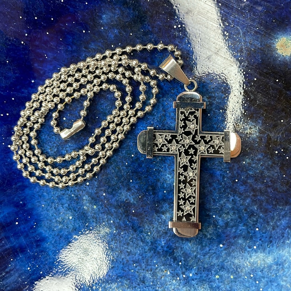 23” inch stainless steel cross with etched stars and rhinestones